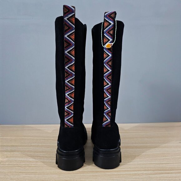 NEW Farm Rio Long Suede Combat Boot Size 7 Black Vegan Leather Platform Boho - Picture 7 of 13